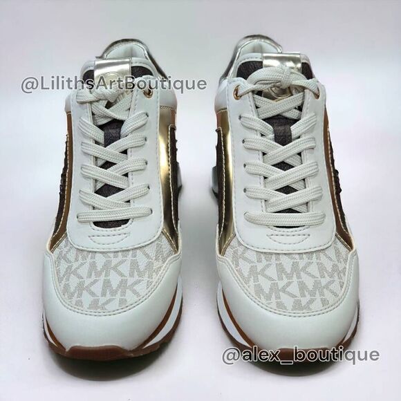 Michael Kors Maddy Vanilla/ Brown Two-Tone Logo Trainer Women's Sneakers 5.5 - Picture 4 of 13